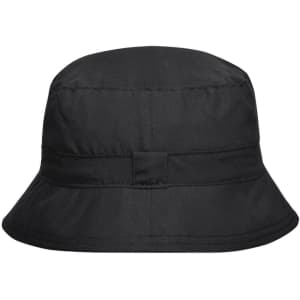 A black bucket hat with a rounded crown and wide brim, featuring a seam detail and a logo on the side.