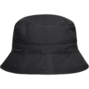A black bucket hat featuring a soft, structured design. The hat has a logo on it.