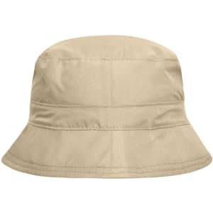 A beige bucket hat with a wide brim and a stitched design. It features a logo on the side.