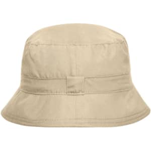 A beige bucket hat with a stitched band and a small logo present on the side.