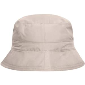 A beige bucket hat with a round crown and a wide brim, featuring a logo.