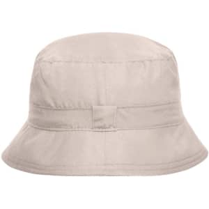 A beige bucket hat with a soft crown and wide brim, featuring a logo on the side.
