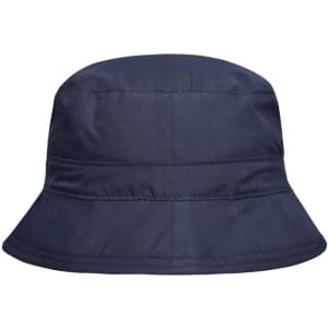 A navy blue bucket hat with a wide brim and a stitched design. It features a logo on the side.