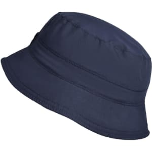 A navy blue bucket hat featuring a simple design and a logo on the side. Ideal for outdoor activities.