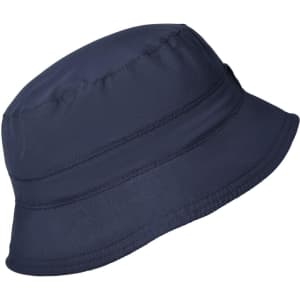 A navy blue bucket hat with a subtle texture and a logo, designed for outdoor activities.