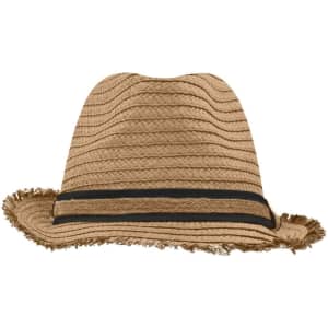 A straw hat in a tan colour with a black band, featuring a frayed brim and a textured pattern.