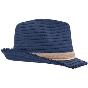 A navy straw hat featuring a frayed brim and a decorative band. It has a logo on the side.