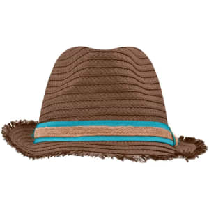 A brown straw hat with a frayed brim and a turquoise and tan striped band. It features a logo on the band.