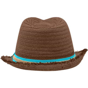 A brown straw hat featuring a blue band and frayed edges, designed for summer wear.