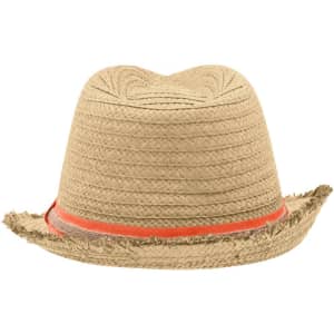 A straw hat with a wide brim, featuring a textured design and an orange band around the base.