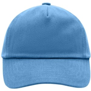 A blue kids' 5 panel cap featuring a curved brim and a structured design, with a logo on the front.