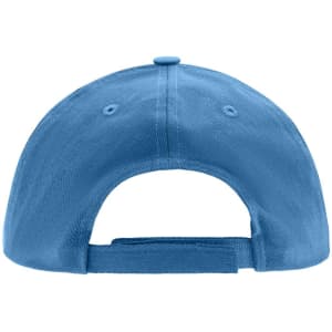 A blue kids' 5 panel cap featuring an adjustable back strap and a logo.