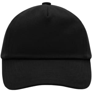 A black five-panel cap featuring a rounded crown and a curved brim. The cap has a logo on the front.