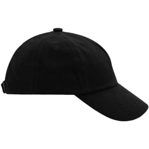 A black 5-panel cap with a curved brim and an adjustable strap at the back, featuring a logo.