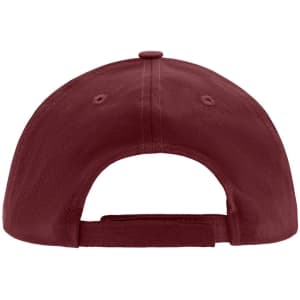 A maroon kids' five-panel cap featuring an adjustable strap and a curved brim, with a logo on the back.