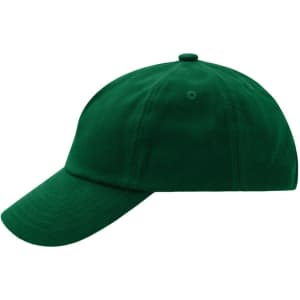 A green kids' 5 panel cap with a curved brim and a logo on the side.