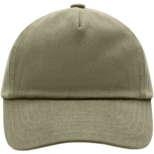 A kids' 5-panel cap in a muted olive green colour, featuring a logo on the front.
