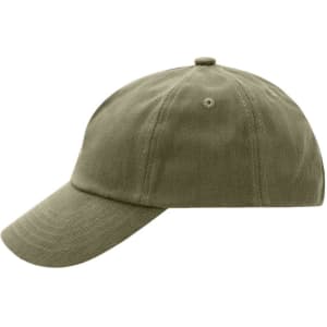 A kids' 5 panel cap in olive green with a curved brim and a logo.