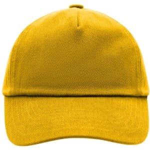 A yellow 5 panel cap with a structured brim and a branding logo on the front.