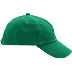 A green kids' 5 panel cap with a curved brim and an adjustable strap at the back. Features a logo.
