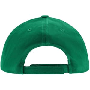 A green five-panel cap featuring an adjustable strap at the back and a logo on the exterior.