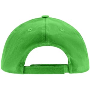 A bright green kids' 5 panel cap featuring a strap back and ventilation holes. It has a logo on the back.