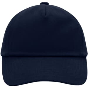 A navy blue kids' 5 panel cap with a structured front and a rounded top, featuring a logo on the side.