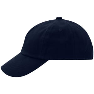 A navy blue 5 panel cap with a rounded crown and a curved brim, featuring a logo on the side.
