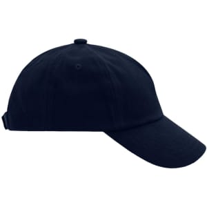 A navy blue 5-panel cap with a back strap and a small logo on the side.