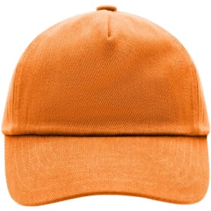 An orange 5-panel cap with a curved brim and a logo on the front.