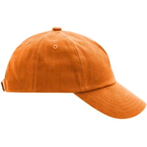 An orange 5 panel cap with a curved brim and an adjustable strap at the back, featuring a small logo.