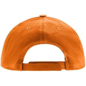 An orange 5 panel cap featuring a rear adjustable strap and ventilation holes. It has a logo on the side.