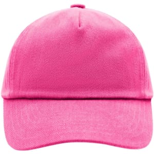 A pink 5 panel cap with a curved brim and a logo on the front. Ideal for kids’ headwear.