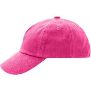 A pink five-panel cap featuring a curved brim and an adjustable strap. It has a logo on the front.