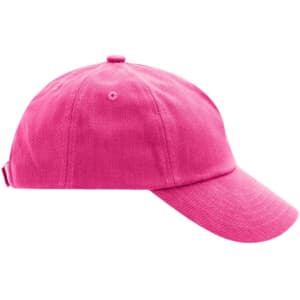A pink 5-panel cap featuring a curved brim and an adjustable strap at the back. It includes a logo.