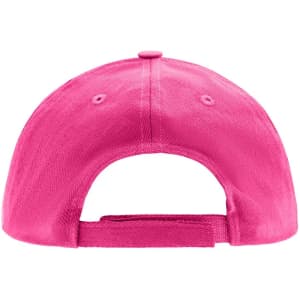 A pink kids' 5 panel cap featuring an adjustable strap and a plain back. It includes a logo.