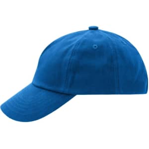 A blue five-panel cap with a rounded crown and a curved brim, featuring a logo on the front.