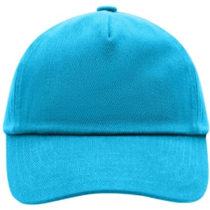 A blue five-panel cap featuring a structured design and a logo. Ideal for kids' headwear collections.