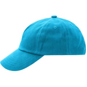 A bright turquoise kids' 5 panel cap featuring a curved brim and a button on top. It has a branding logo.