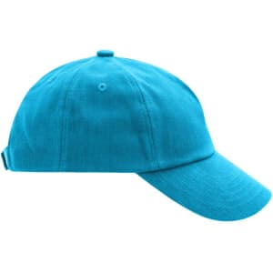 A bright turquoise kids' 5 panel cap with a curved brim and adjustable back strap, featuring a logo.