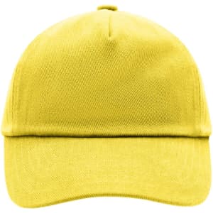 A bright yellow 5 panel cap with a rounded crown and a curved peak, featuring a logo on the front.
