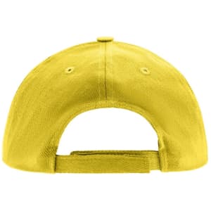 A bright yellow five-panel cap with a rear adjustable strap and a logo on the back.