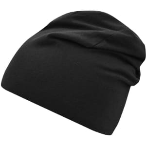 A black Jersey Beanie with a soft, slouchy design and an unstructured shape. It features a logo.