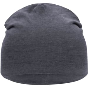 A grey Jersey Beanie with a soft, knitted texture, featuring a simple design and a logo.