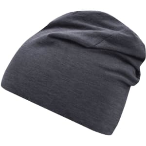 A grey Jersey Beanie with a soft, slouchy design. It features a logo on the side.