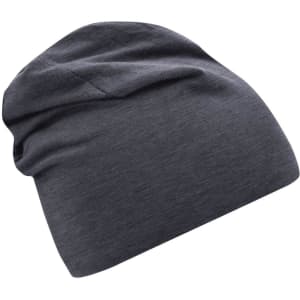 A grey jersey beanie with a slouchy design, featuring a logo on the side.