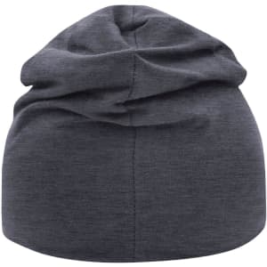 A grey jersey beanie featuring a smooth, textured design with a gathered back. It has a small logo.