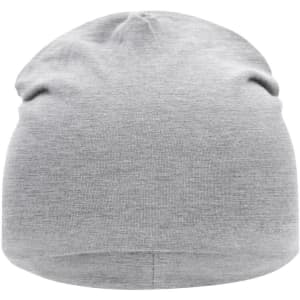 A grey jersey beanie with a simple, soft design and a small logo branding.