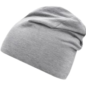 A grey jersey beanie with a relaxed, slouchy fit, featuring a logo on the side.