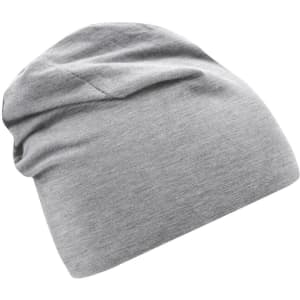 A lightweight grey beanie with a slouchy design and soft fabric, featuring a logo.